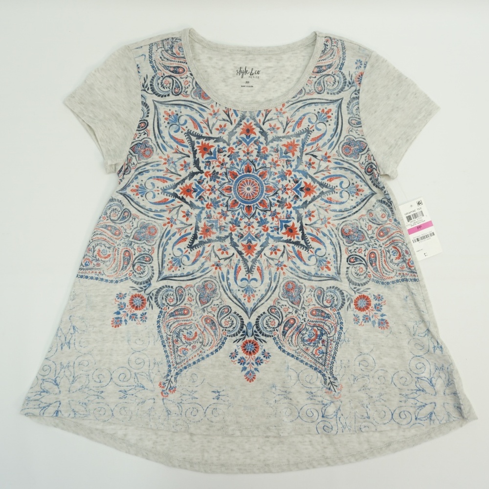 Style & Co Petite Top Graphic Printed Bell Hem Tee